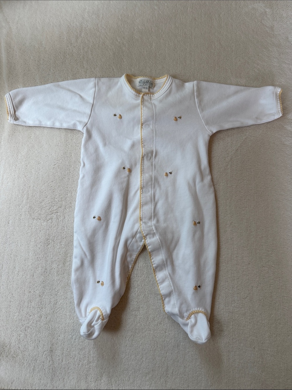 Kissy Kissy Honeybee White Footed One-Piece with Yellow Trim and Tiny Embroidery